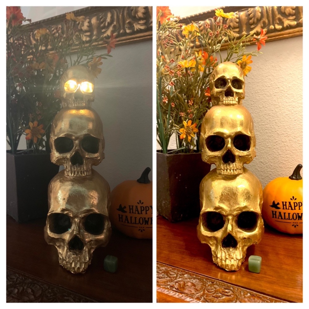 💀 NEW GOTHIC HALLOWEEN TABLETOP DECOR 3 TIER GOLD HUMAN SKULLS LIGHT UP FIGURE